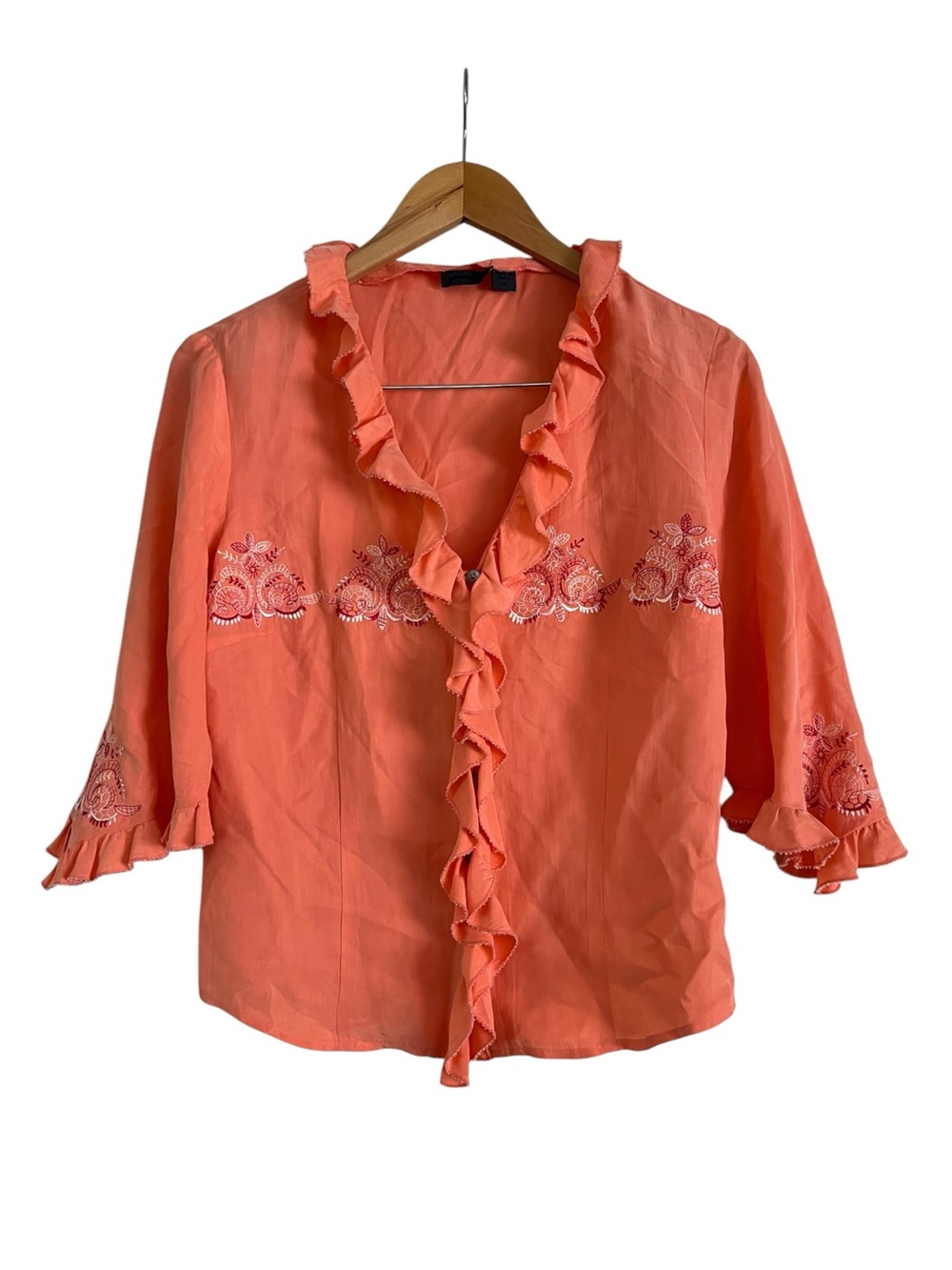 Y2K Anthropologie Lance Karesh Coral Silk Button Up Top Shirt 10